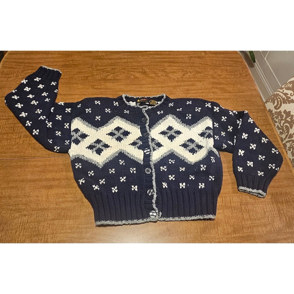 Vntg 80s Chunky Knit Fair Isle LizSport Nordic Sweater Diamond Cardigan Small K